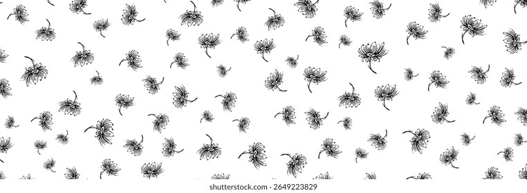 Elegant monochrome pattern features delicate, black floral illustrations scattered across a crisp, white background, ideal for adding a refined and artistic touch to various design projects