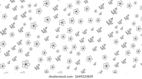 Elegante padrão monocromático apresenta delicadas flores contornadas e ramos folhosos espalhados em um fundo branco limpo, criando um visual minimalista, mas refinado, com um tema botânico