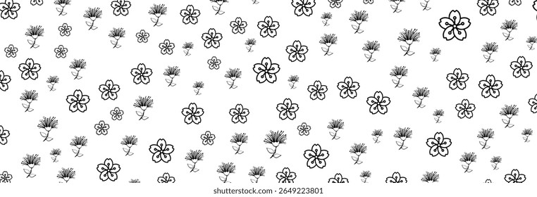 Elegante padrão monocromático de flores estilizadas de cerejeira desenhadas à mão e flores semelhantes a pontiagudas em um fundo branco puro, criando um design floral delicado, mas impressionante, com charme simplista