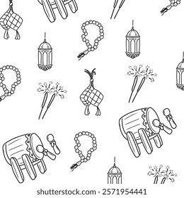 Elegant monochrome pattern showcasing traditional Islamic elements such as lanterns, drums, and tasbih. Perfect for wrapping paper, textiles, or themed backgrounds, evoking cultural and festive charm.