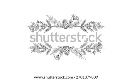Elegant monochrome pine branch vector border with cones and needles for invitation cards, holiday frames and decorative designs