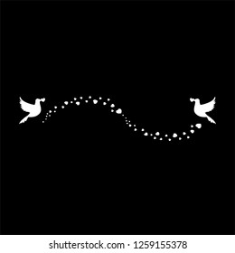 Elegant monochrome romantic love wedding, valentines illustration with heart confetti wave and flying doves. Many hearts on black background for greeting card framework design. Vector sign, symbol.