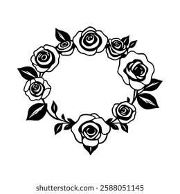 Elegant Monochrome Rose Wreath: Black and White Floral Frame for Design Projects