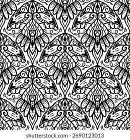 elegant monochrome seamless pattern combining geometric shapes and ornamental symmetry, ideal for premium fabric printing and classic packaging design