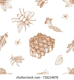 Elegant monochrome seamless pattern with hand drawn bees, honeycomb, linden leaves and blooming meadow flowers on white background. Natural vector illustration for textile print, wallpaper.