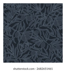 Elegante padrão monocromático sem emenda com ramos de azeitona. Um fundo de vetor de arte de linha botânica azul escuro com folhas e frutos.