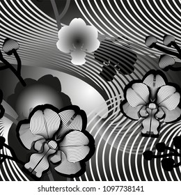 Elegant monochrome seamless pattern with orchids. Can be used as creating fantasy background, textile, wallpaper, wrapping paper, fabrics. Vector illustration.