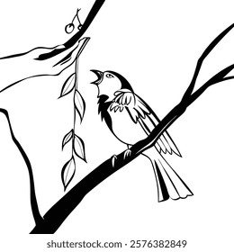 Elegant monochrome sparrow sketch created with minimalist brush strokes, perfect for artistic and decorative use.