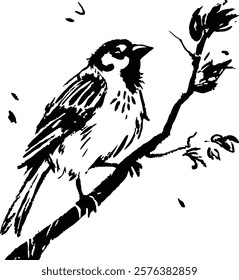 Elegant monochrome sparrow sketch created with minimalist brush strokes, perfect for artistic and decorative use.