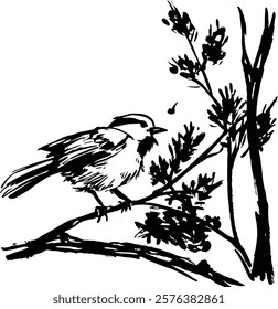 Elegant monochrome sparrow sketch created with minimalist brush strokes, perfect for artistic and decorative use.