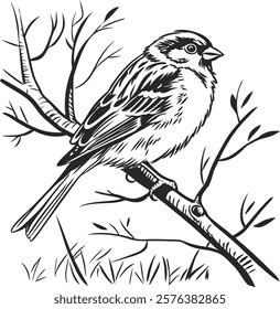 Elegant monochrome sparrow sketch created with minimalist brush strokes, perfect for artistic and decorative use.