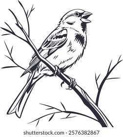 Elegant monochrome sparrow sketch created with minimalist brush strokes, perfect for artistic and decorative use.