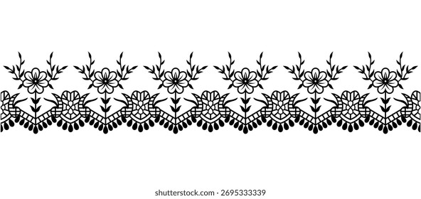 Elegant monochrome vector border combining stylized floral motifs with an ornate, vintage lace-style base.