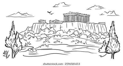 elegant monochrome vector drawing of ancient Greek temples on a rocky hill, ideal for historical projects, educational materials, or travel designs