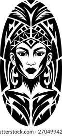 Elegante Ilustración vectorial monocromática con un retrato de mujer estilizado con audaces patrones tribales polinesios. Ideal para logotipos, tatuajes o emblemas