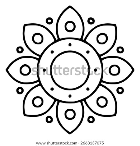 Elegant monochrome vector mandala design featuring a central circle surrounded by layered petals and small circles, creating a symmetrical and intricate pattern ideal for various design applications.