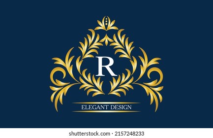 Elegant monogram for cards, invitations, menus, labels with the letter R on a dark background. Exquisite design of pages, business sign, boutiques, cafes, hotels, wedding invitations.