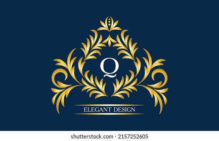 Elegant monogram for cards, invitations, menus, labels with the letter Q on a dark background. Exquisite design of pages, business sign, boutiques, cafes, hotels, wedding invitations.