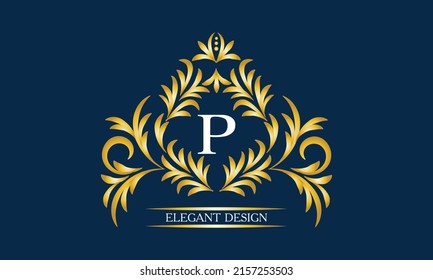 Elegante monograma para tarjetas, invitaciones, menús, etiquetas con la letra P sobre un fondo oscuro. Exquisito diseño de páginas, cartel de negocios, tiendas, cafés, hoteles, invitaciones a bodas.