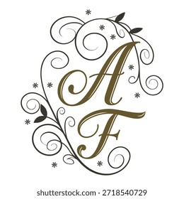 Elegante diseño monográfico con las letras A y F entrelazadas con intrincados Elementos florales y de remolino. Este emblema decorativo de estilo vintage incluye delicadas hojas y adornos ornamentales en tonos marrones y azules, perfectos para invitaciones de boda, marcas, logotipos y papelería personalizada.
