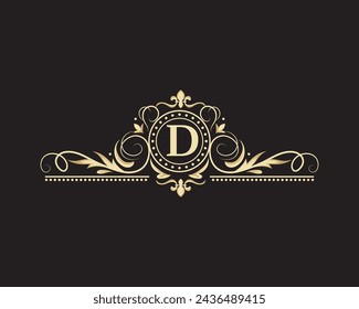 Elegante diseño de monograma con letra D. Exclusivo logotipo dorado sobre un fondo oscuro para un símbolo de negocios, restaurante, boutique, hotel, joyería, invitaciones, menús, etiquetas, moda.