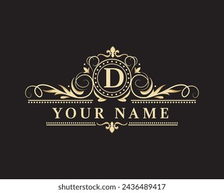 Elegantes Monogramm-Design mit Buchstabe D. Exklusives goldenes Logo auf dunklem Hintergrund für ein Symbol von Geschäft, Restaurant, Boutique, Hotel, Schmuck, Einladungen, Menüs, Etiketten, Mode.