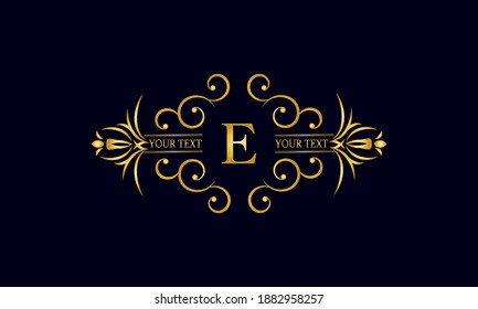 Elegant monogram design with letter E. Exclusive gold logo on a dark background for a symbol of business, restaurant, boutique, hotel, jewelry, invitations, menus, labels, fashion.