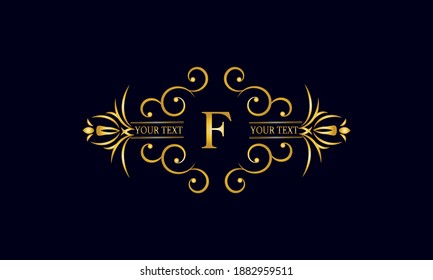 Elegant monogram design with letter F. Exclusive gold logo on a dark background for a symbol of business, restaurant, boutique, hotel, jewelry, invitations, menus, labels, fashion.