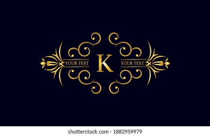 Elegante diseño monograma con letra K. Logo de oro exclusivo en un fondo oscuro para un símbolo de negocios, restaurante, boutique, hotel, joyería, invitaciones, menús, etiquetas, moda.