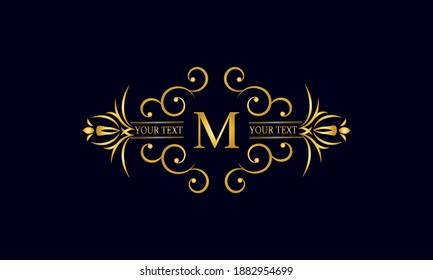Elegant monogram design with letter M. Exclusive gold logo on a dark background for a symbol of business, restaurant, boutique, hotel, jewelry, invitations, menus, labels, fashion.