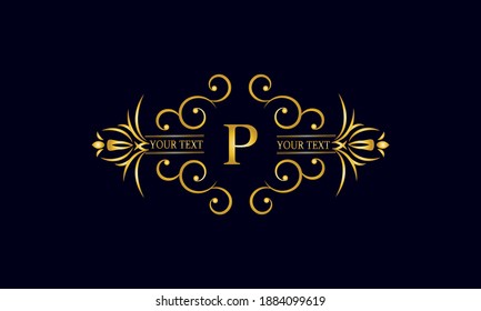 Elegant monogram design with letter P. Exclusive gold logo on a dark background for a symbol of business, restaurant, boutique, hotel, jewelry, invitations, menus, labels, fashion.