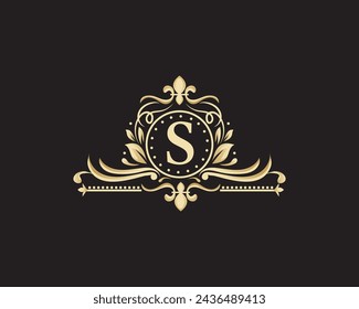 Elegante diseño de monograma con letra S. Exclusivo logotipo dorado sobre un fondo oscuro para un símbolo de negocios, restaurante, boutique, hotel, joyería, invitaciones, menús, etiquetas, moda.
