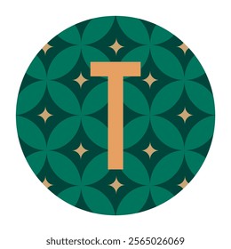 Elegant monogram design of the letter T in a circle filled with overlapping petal patterns and star accents. A perfect fit for packaging, branding, or artistic applications.