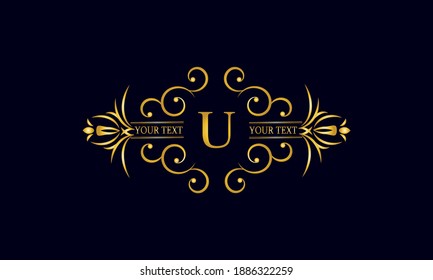 Elegant monogram design with letter U. Exclusive gold logo on a dark background for a symbol of business, restaurant, boutique, hotel, jewelry, invitations, menus, labels, fashion.