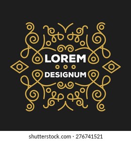 Elegant monogram design template. Exclusive trendy royal gold frame isolated on black background. Creative line art logo design elements with space for text or letters. Vector illustration