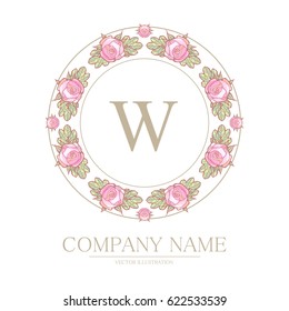 Elegant Monogram Design Template with Flowers. Rose Vintage Vignette. Wedding, Birthday and Invitation Element. Vector illustration.
