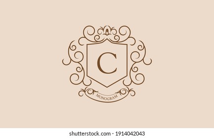 Elegante plantilla de diseño de monograma para etiquetas e invitaciones, negocios. Ornamento floral caligráfico con el logotipo de la letra C. Vector.
