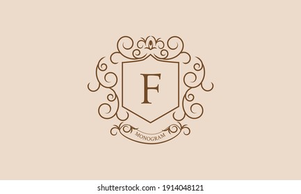 Elegant monogram design template for labels and invitations, business. Calligraphic floral ornament with letter F. Vector logo.