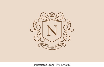 Elegante Monogramm-Design-Vorlage für Etiketten und Einladungen, Business. Kalligrafische Blumenschmuck mit Buchstabe N. Vektorlogo.