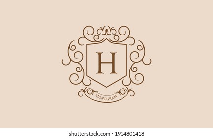 Elegant monogram design template for labels and invitations, business. Calligraphic floral ornament with letter H. Vector logo.
