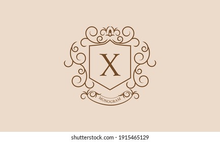 Elegant monogram design template for labels and invitations, business. Calligraphic floral ornament with letter X. Vector logo.