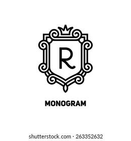 Elegant monogram design template with letter R and crown. Vector illustration.