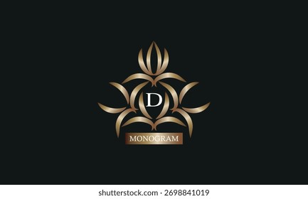 Elegante Monogramm-Design-Vorlage mit Buchstabe D in der Mitte und Platz für Text. Firmenmarkendesign, Emblem, Einladung, Label, Geschäftszeichen.