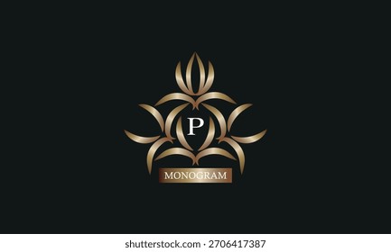 Elegant monogram design template with letter P in the center and place for text. Company brand design, emblem, invitation, label, business sign.