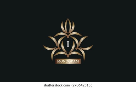 Elegante Plantilla de diseño de monograma con letra I en el centro y lugar para texto. Diseño de la marca de la compañía, emblema, invitación, etiqueta, signo del negocio.