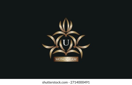Elegante Plantilla de diseño de monograma con la letra U en el centro y lugar para el texto. Diseño de la marca de la compañía, emblema, invitación, etiqueta, signo del negocio.