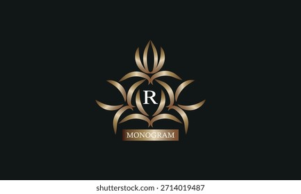 Elegante Plantilla de diseño de monograma con la letra R en el centro y lugar para el texto. Diseño de la marca de la compañía, emblema, invitación, etiqueta, signo del negocio.
