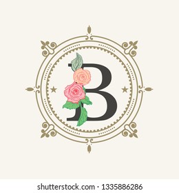 Elegant monogram with flowers. Floristic composition with letter B. Logo template in vintage style. Decorative rich linear ornament with roses.