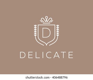 Elegant monogram letter D logotype. Premium crest logo design. Shield, royal crown symbol. Print, t-shirt design shape.