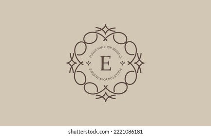 Elegant monogram with the letter E in the center and space for text. Vector illustration. Geometric ornament, luxury sign, emblem of restaurant, boutique, cafe, hotel